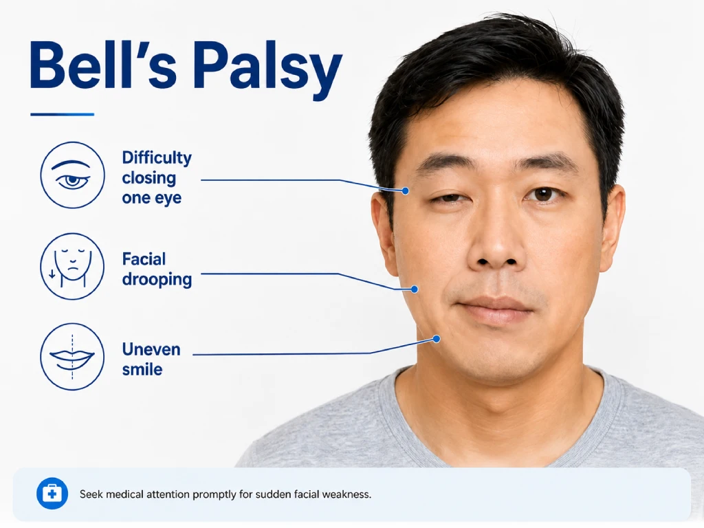 Gejala Bell’s palsy termasuk wajah terkulai dan kesulitan menutup salah satu mata