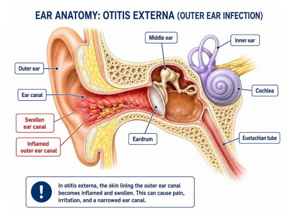 Diagram anatomi telinga yang menunjukkan otitis eksterna, yaitu infeksi telinga luar