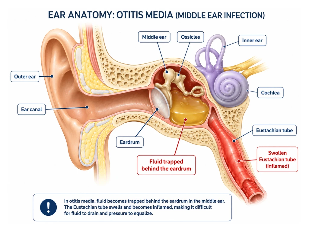 Diagram anatomi telinga yang menunjukkan otitis media, yaitu infeksi telinga tengah